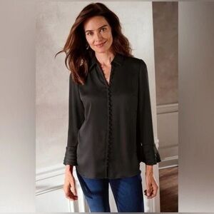 Soft Surroundings Black Crepe Sonnet Poet Blouse Tiered Ruffle Cuffs Size PL